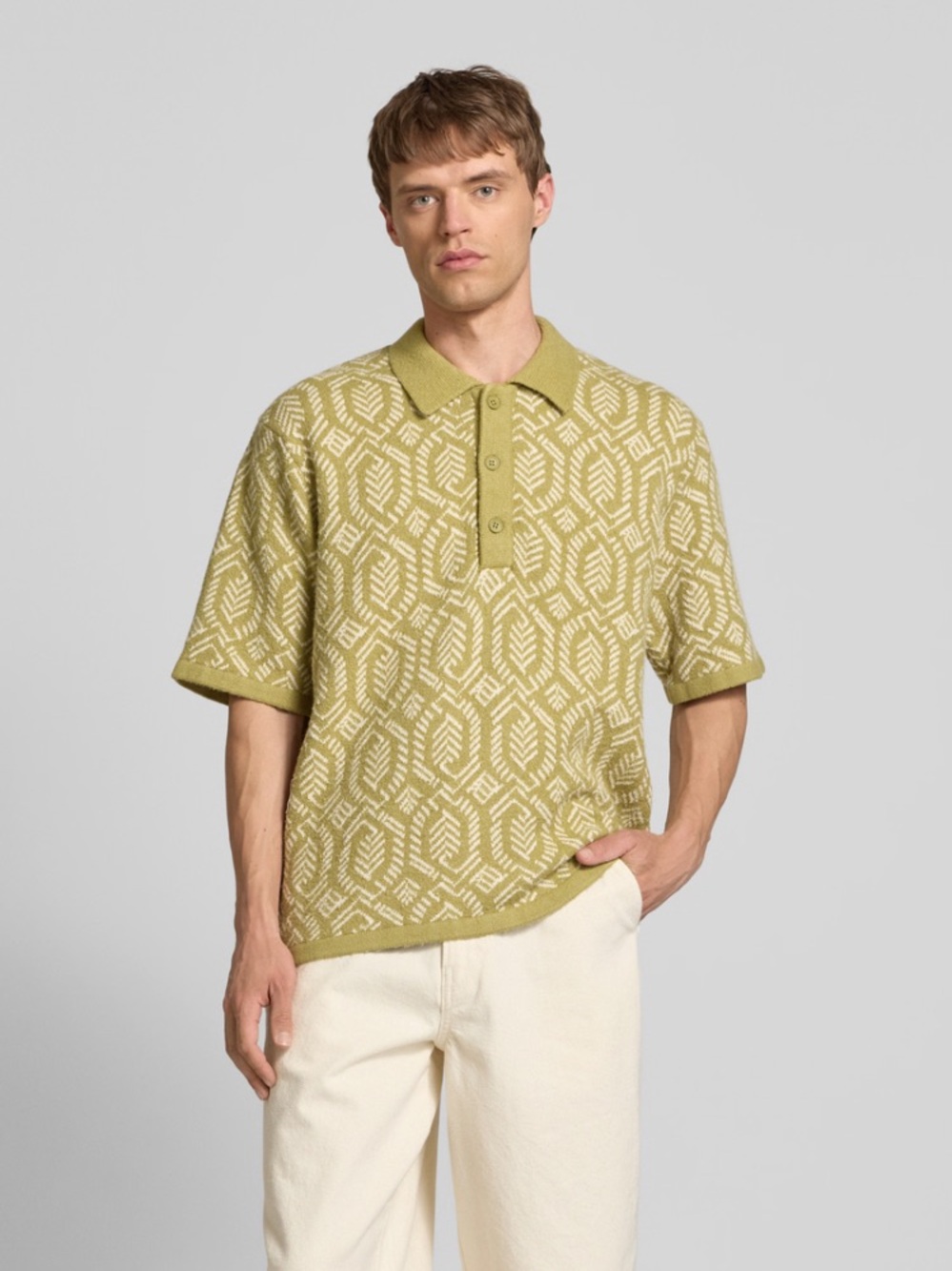 NWT Jack & Jones Cedar Green Geometric Loose Fit Knit Polo Shirt Mens Sz Large